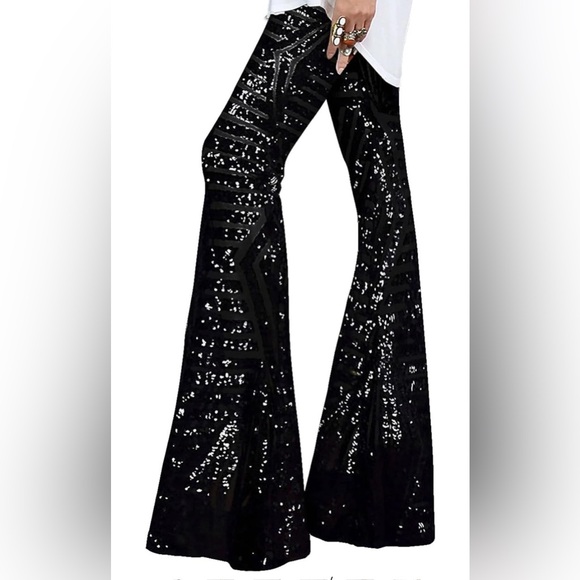 EVALESS Women Sequin Pants Sparkly Glitter High Waisted Wide Leg Flare Trousers - Picture 1 of 5